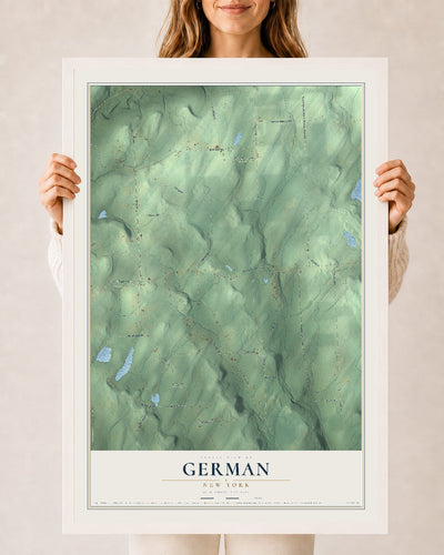 German, New York map print, 24" x 36" W/ White Ayous Wood Frame mockup