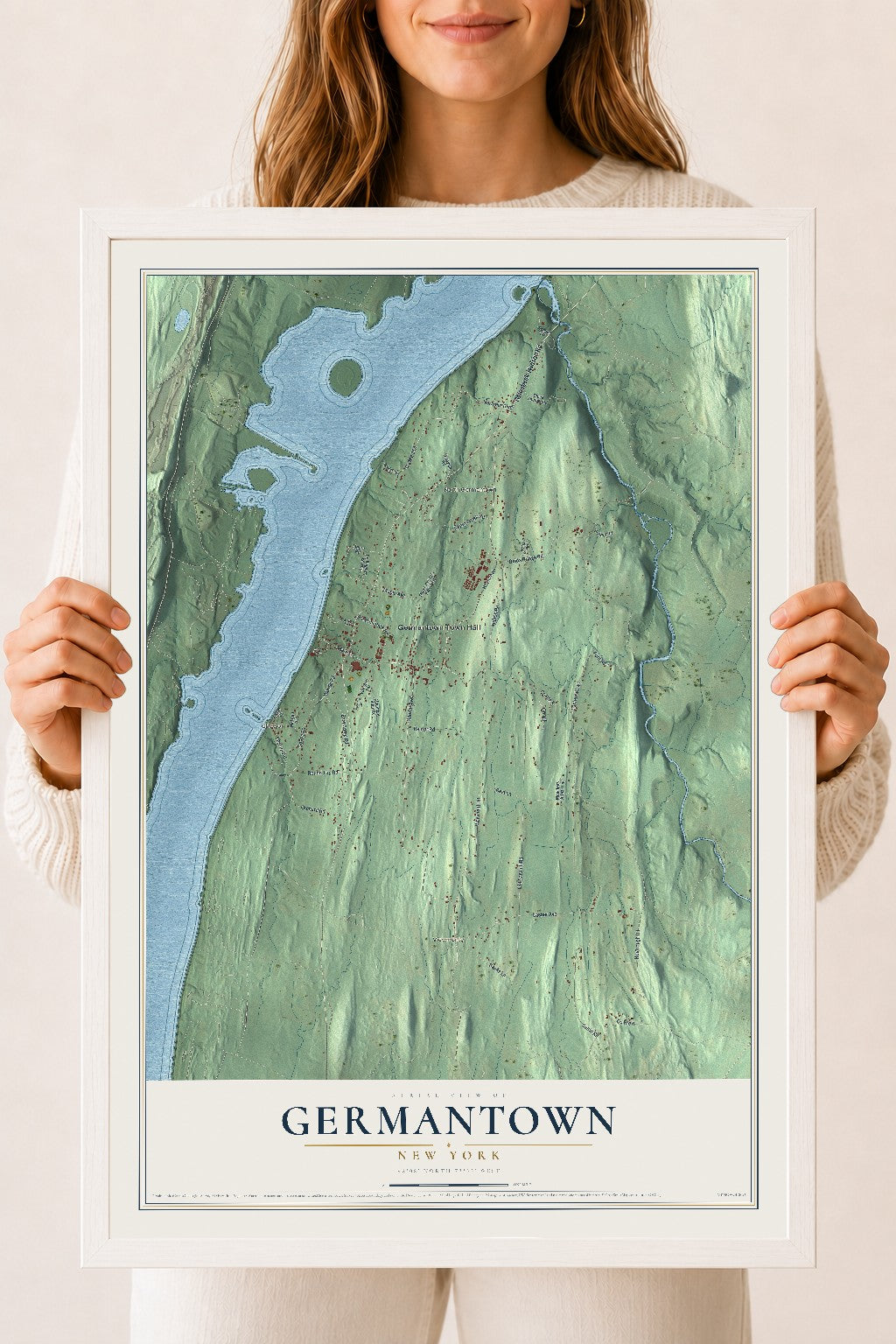 Germantown, New York map print, 18" x 24" W/ White Ayous Wood Frame mockup