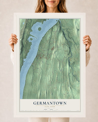 Germantown, New York map print, 24" x 36" W/ White Ayous Wood Frame mockup