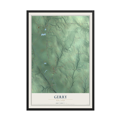 Gerry, New York map print, 12" x 18" W/ Black Ayous Wood Frame mockup