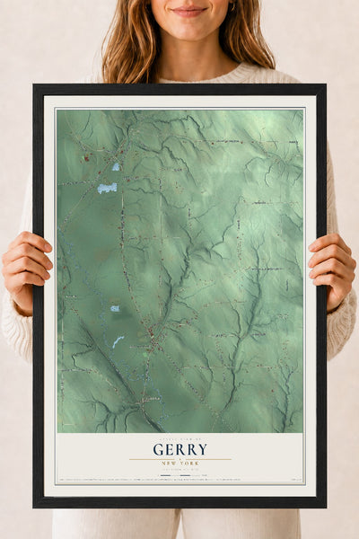 Gerry, New York map print, 18" x 24" W/ Black Ayous Wood Frame mockup