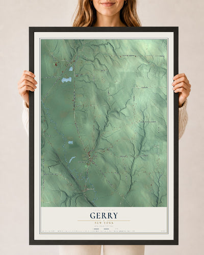 Gerry, New York map print, 24" x 36" W/ Black Ayous Wood Frame mockup