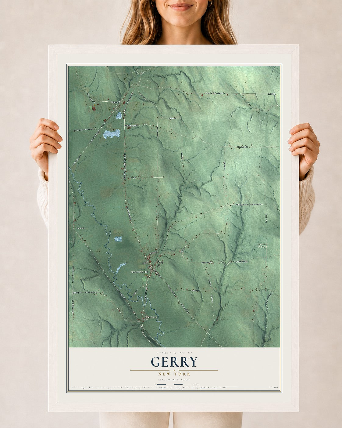 Gerry, New York map print, 24" x 36" W/ White Ayous Wood Frame mockup