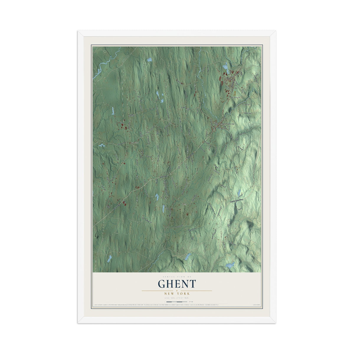 Ghent, New York map print, 12" x 18" W/ White Ayous Wood Frame mockup