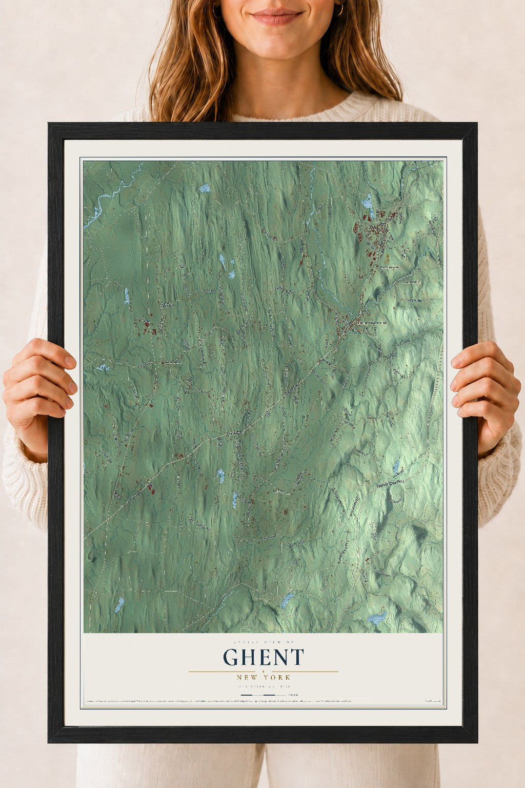 Ghent, New York map print, 18" x 24" W/ Black Ayous Wood Frame mockup