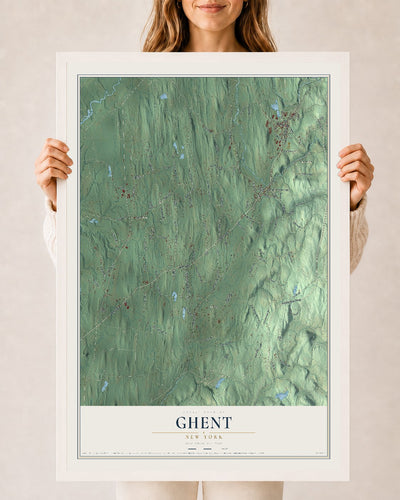 Ghent, New York map print, 24" x 36" W/ White Ayous Wood Frame mockup