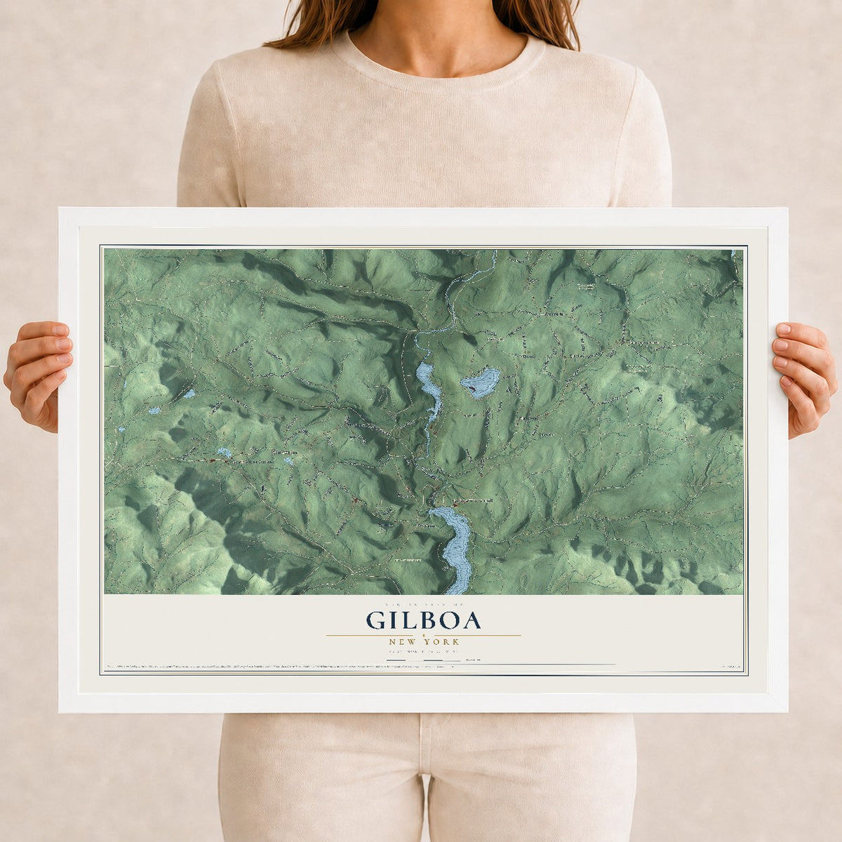 Gilboa, New York map print, 12" x 18" W/ White Ayous Wood Frame mockup