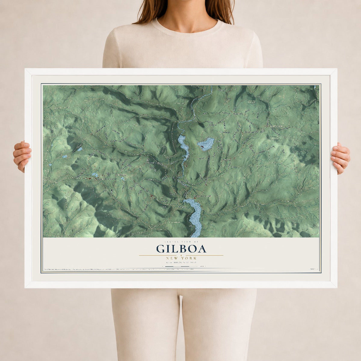 Gilboa, New York map print, 24" x 36" W/ White Ayous Wood Frame mockup