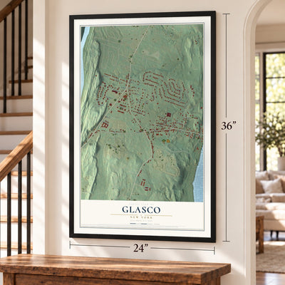 Glasco, New York map, 24 x 36 inch print in a black frame by a staircase