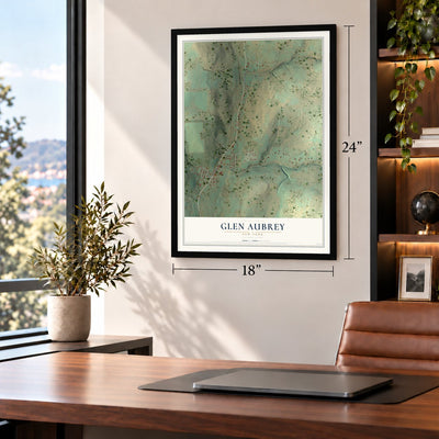 Glen Aubrey, New York map, 18 x 24 inch print in a black frame in a home office