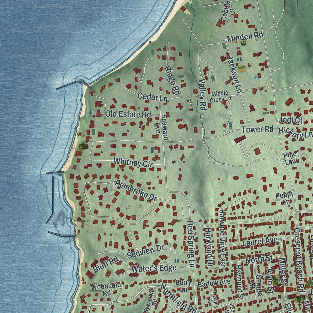 Close-up 2 of the Glen Cove, New York map artwork