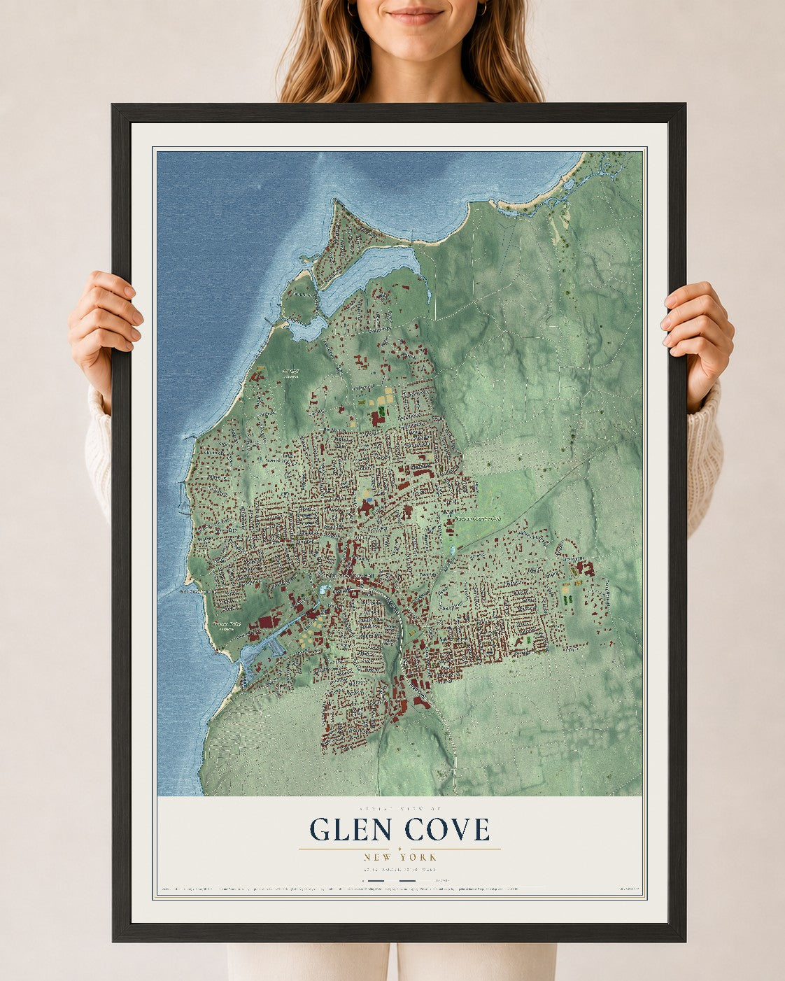 Glen Cove, New York map print, 24" x 36" W/ Black Ayous Wood Frame mockup