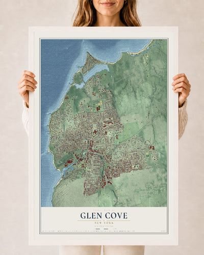 Glen Cove, New York map print, 24" x 36" W/ White Ayous Wood Frame mockup