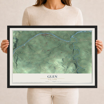 Glen, New York map print, 12" x 18" W/ Black Ayous Wood Frame mockup