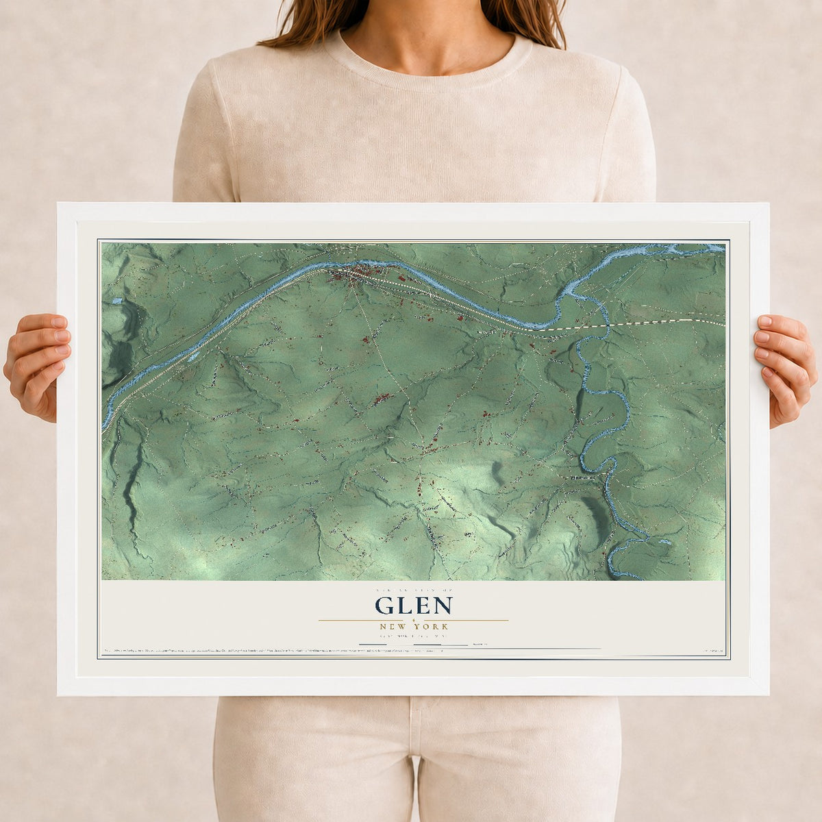 Glen, New York map print, 12" x 18" W/ White Ayous Wood Frame mockup