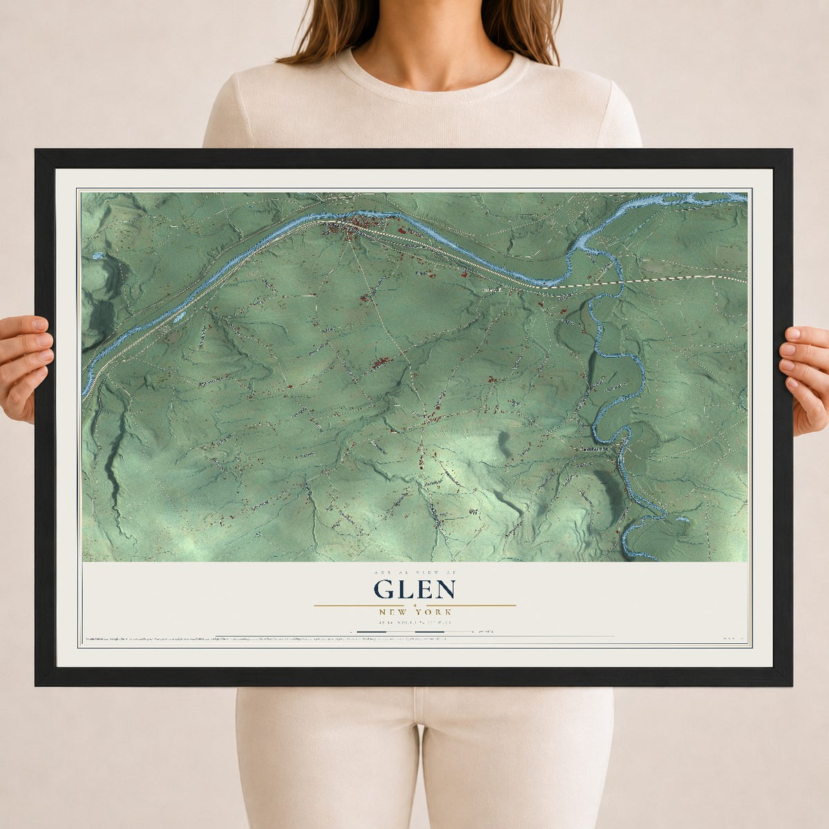Glen, New York map print, 18" x 24" W/ Black Ayous Wood Frame mockup