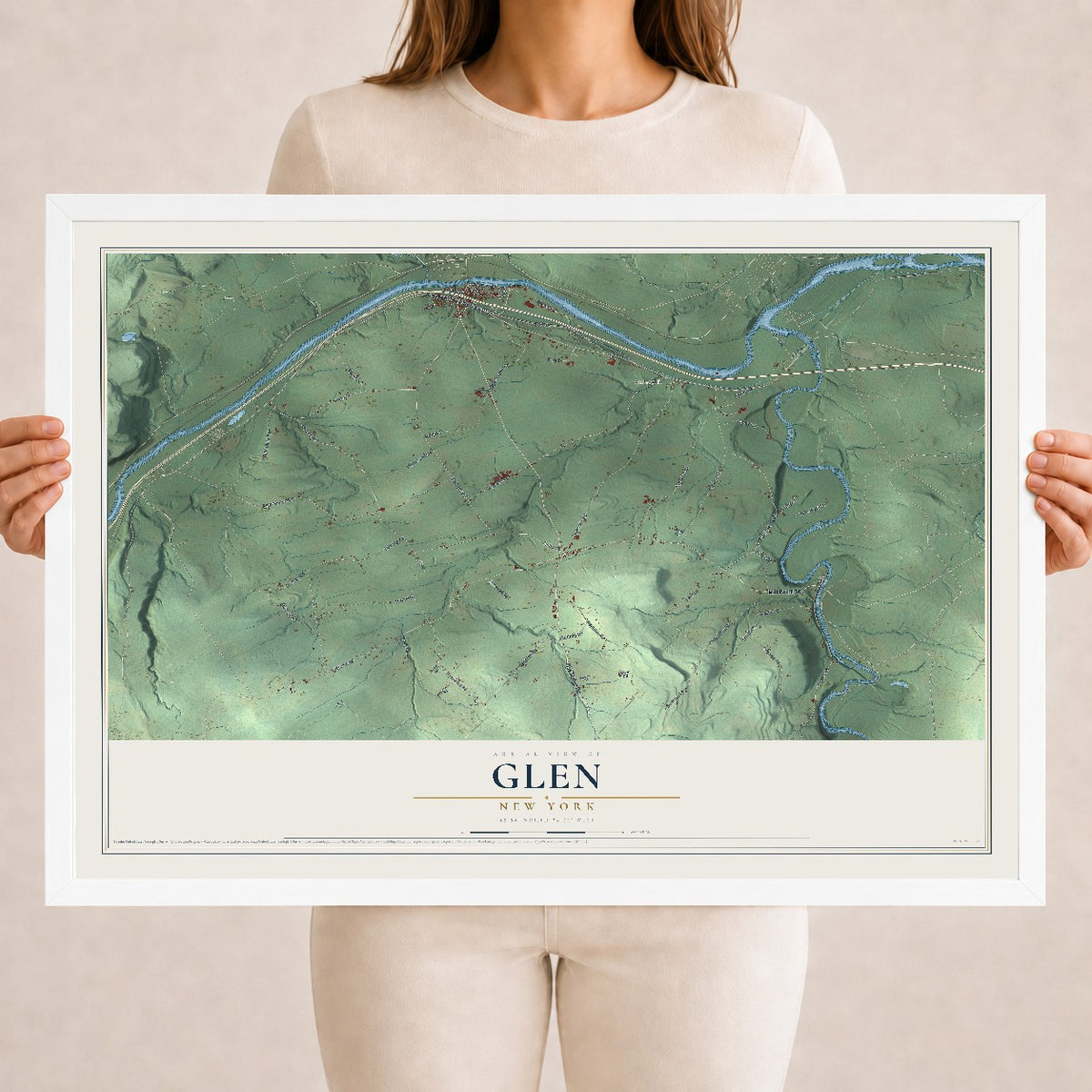 Glen, New York map print, 18" x 24" W/ White Ayous Wood Frame mockup