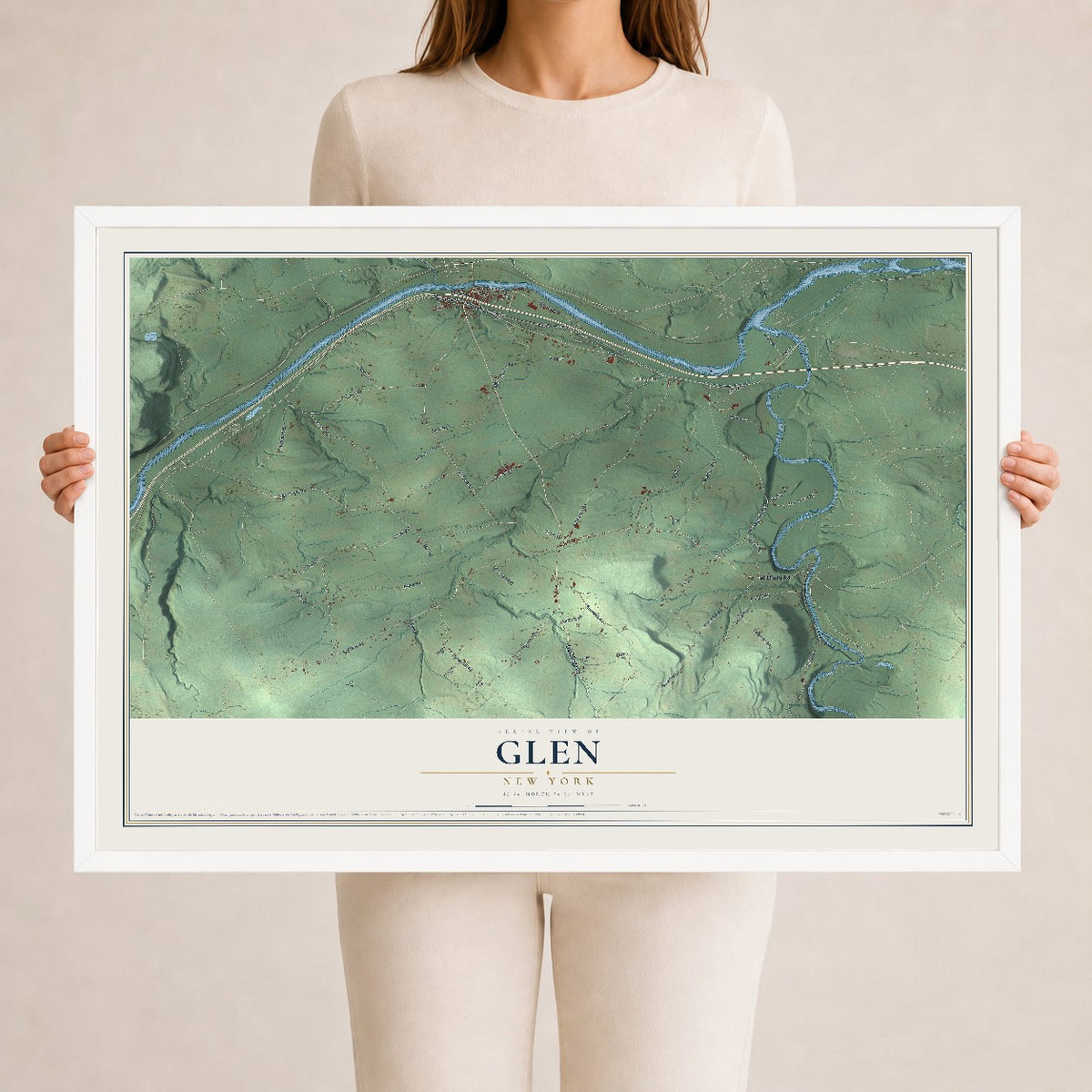 Glen, New York map print, 24" x 36" W/ White Ayous Wood Frame mockup