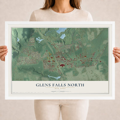 Glens Falls North, New York map print, 18" x 24" W/ White Ayous Wood Frame mockup