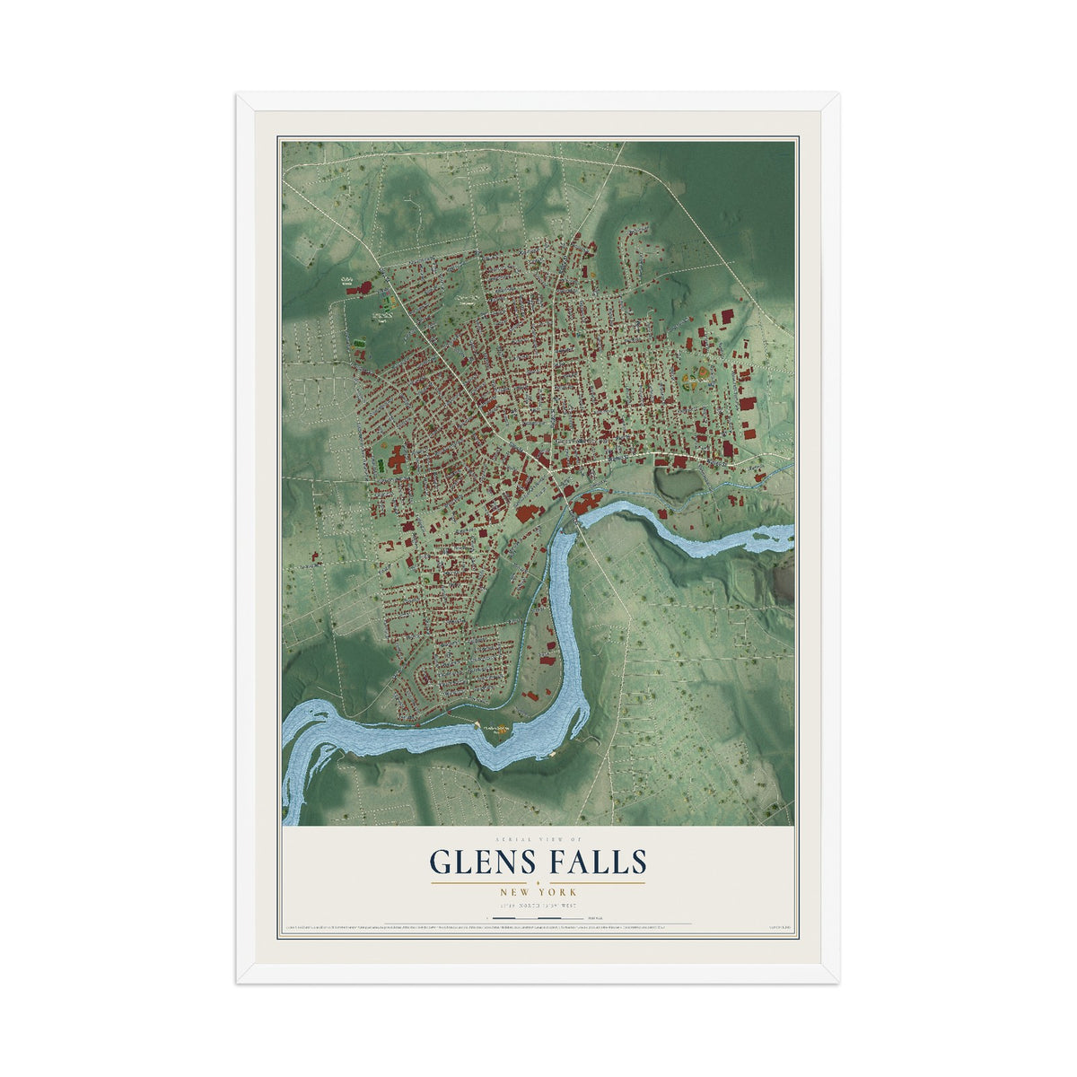 Glens Falls, New York map print, 12" x 18" W/ White Ayous Wood Frame mockup
