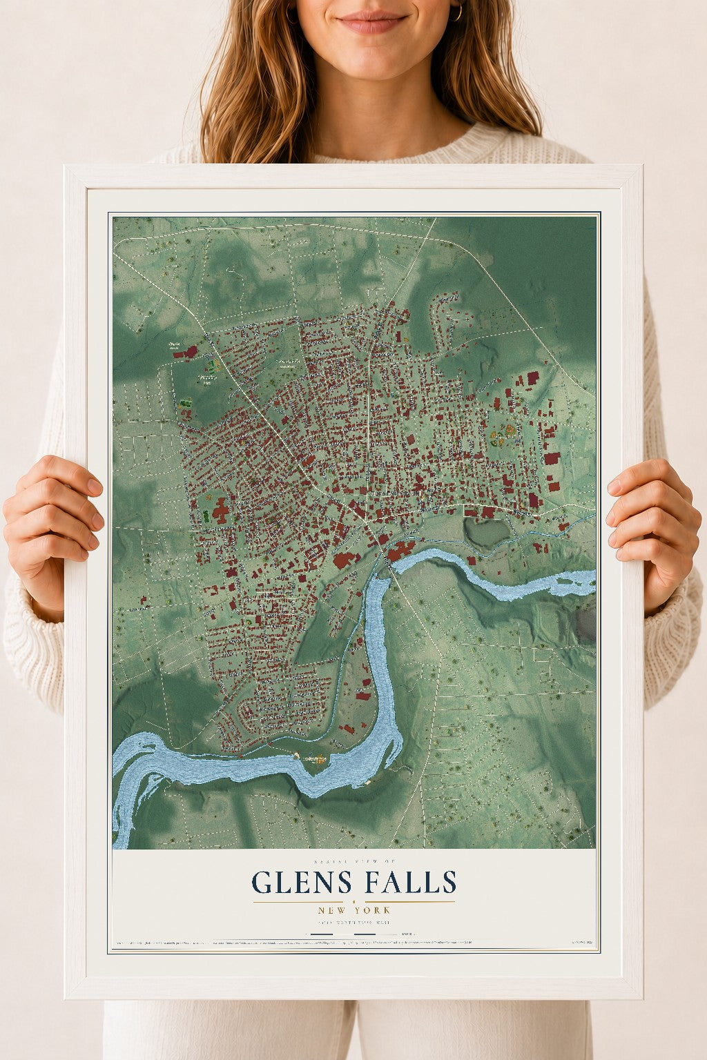 Glens Falls, New York map print, 18" x 24" W/ White Ayous Wood Frame mockup
