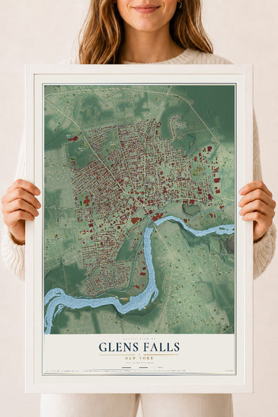 Glens Falls, New York map print, 18" x 24" W/ White Ayous Wood Frame mockup