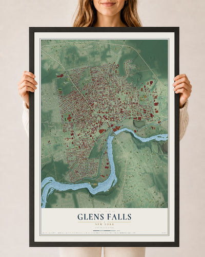 Glens Falls, New York map print, 24" x 36" W/ Black Ayous Wood Frame mockup