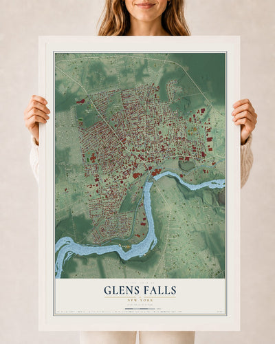 Glens Falls, New York map print, 24" x 36" W/ White Ayous Wood Frame mockup