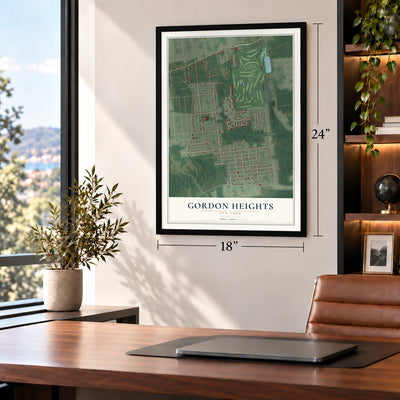 Gordon Heights, New York map, 18 x 24 inch print in a black frame in a home office