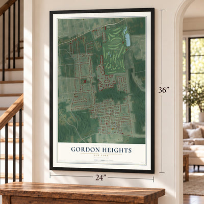Gordon Heights, New York map, 24 x 36 inch print in a black frame by a staircase