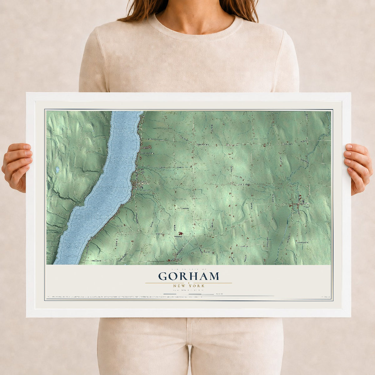 Gorham, New York map print, 12" x 18" W/ White Ayous Wood Frame mockup