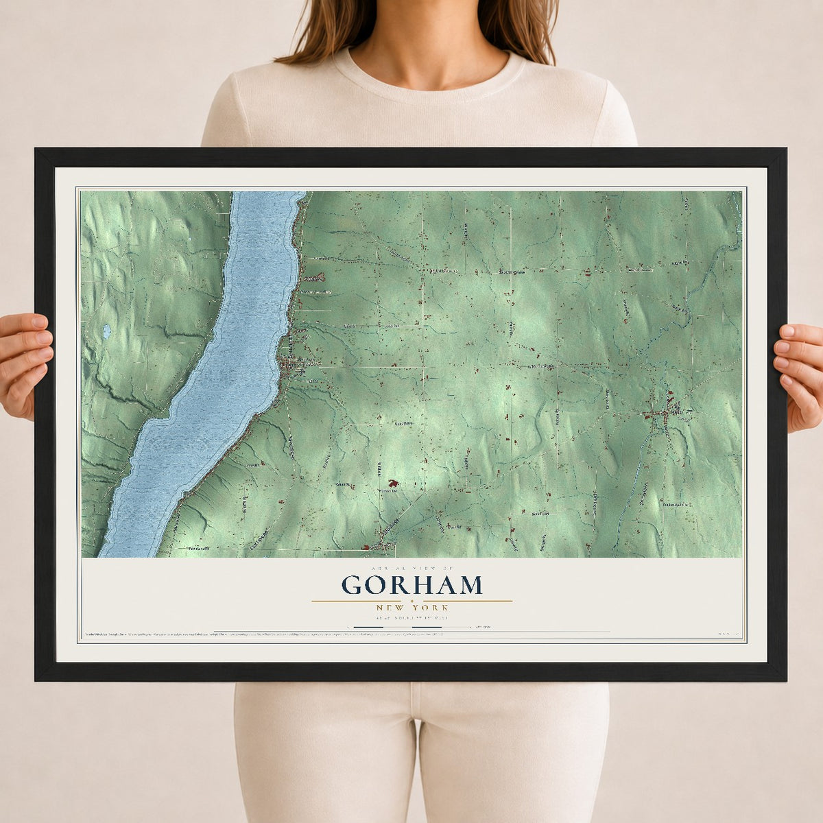 Gorham, New York map print, 18" x 24" W/ Black Ayous Wood Frame mockup