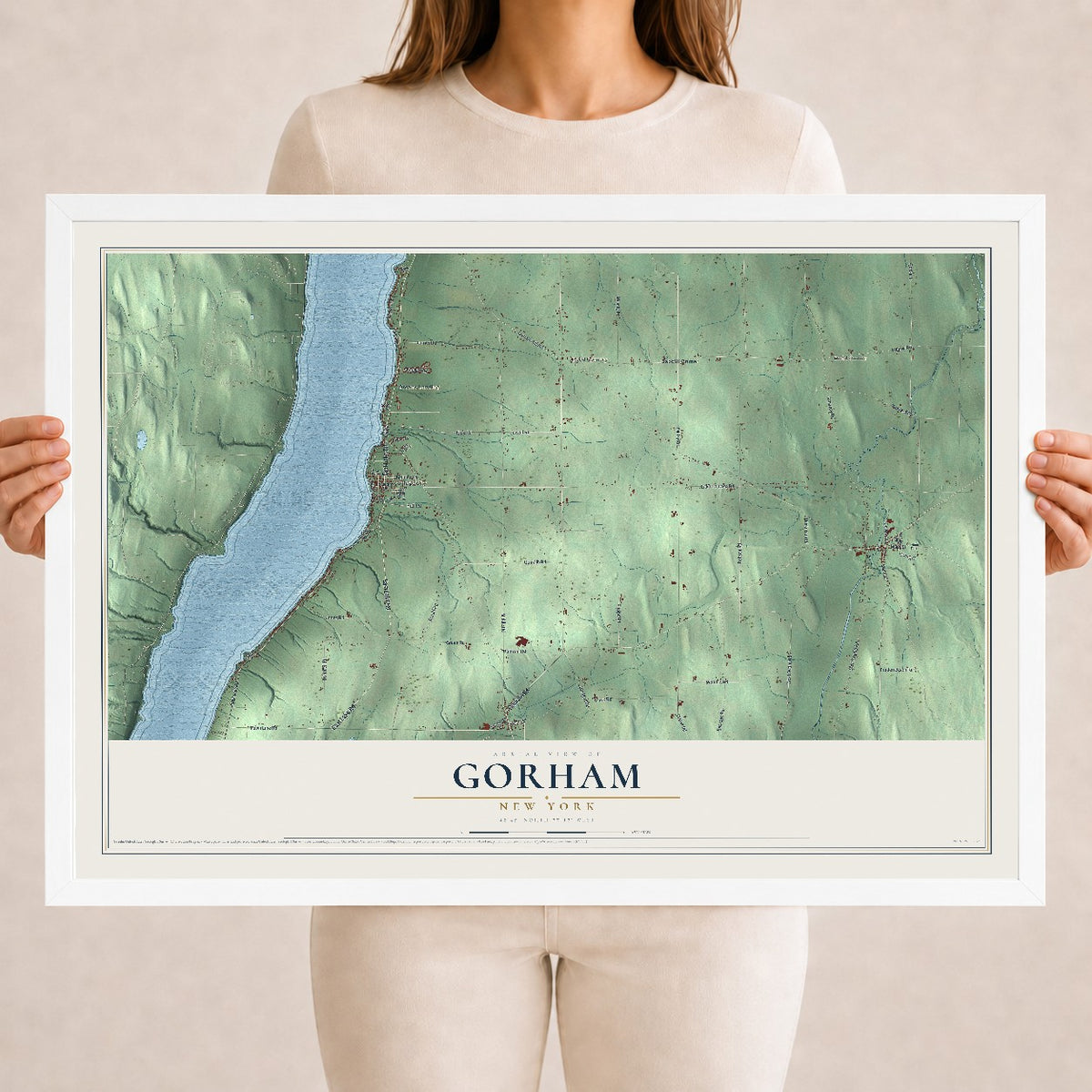 Gorham, New York map print, 18" x 24" W/ White Ayous Wood Frame mockup