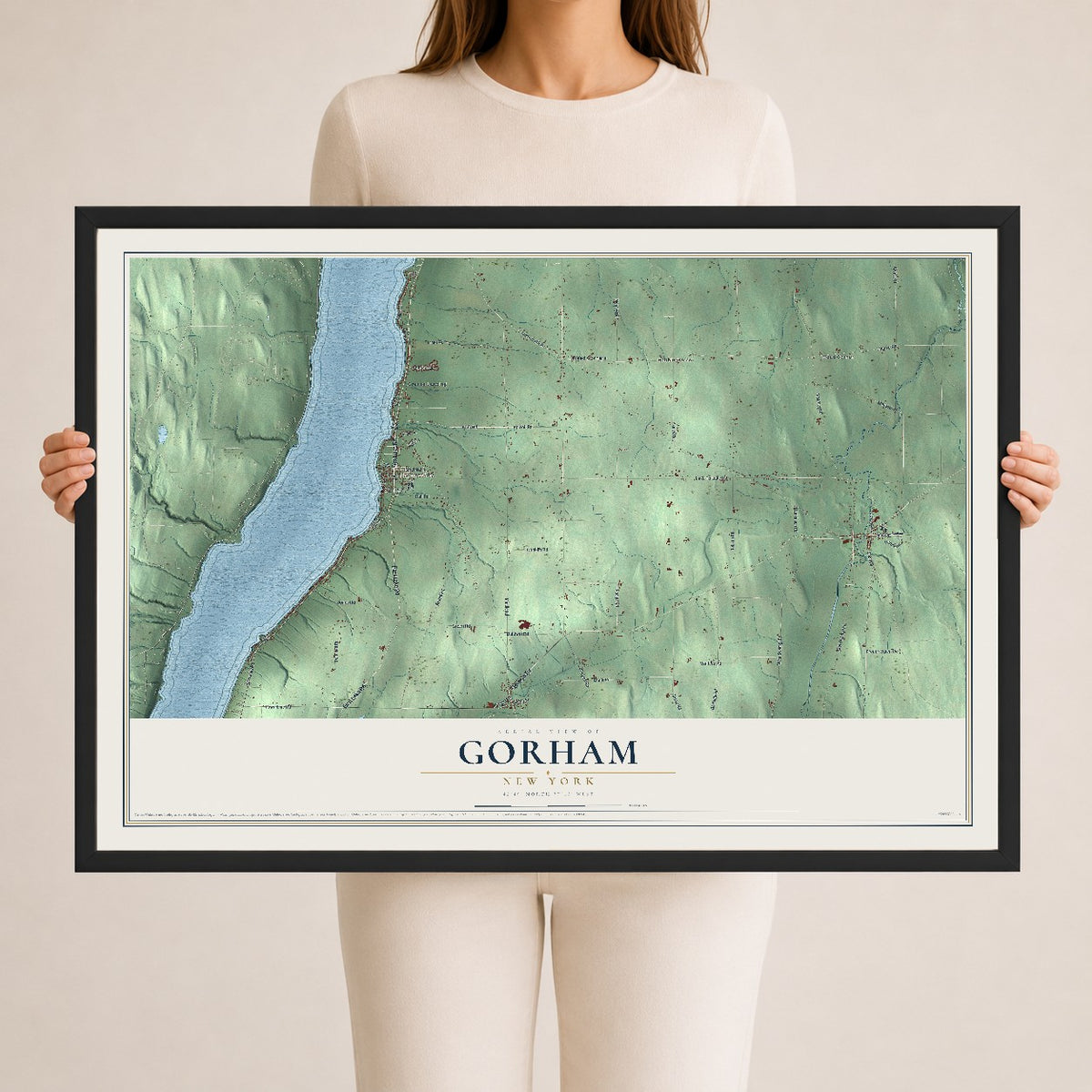 Gorham, New York map print, 24" x 36" W/ Black Ayous Wood Frame mockup