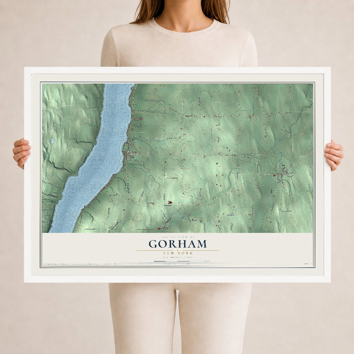 Gorham, New York map print, 24" x 36" W/ White Ayous Wood Frame mockup