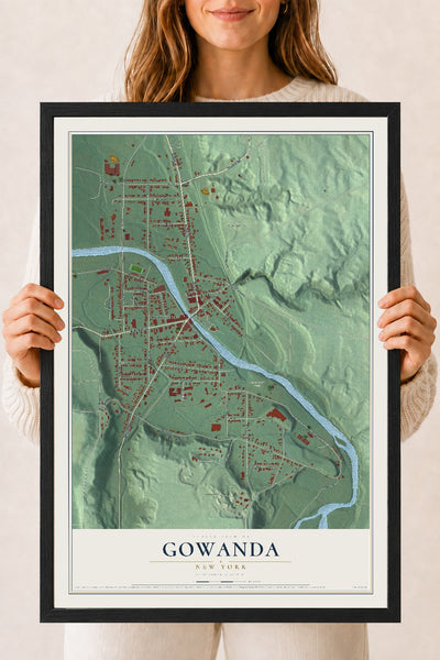 Gowanda, New York map print, 18" x 24" W/ Black Ayous Wood Frame mockup