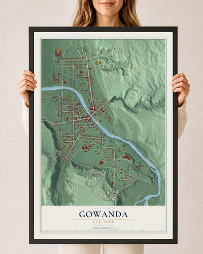 Gowanda, New York map print, 24" x 36" W/ Black Ayous Wood Frame mockup