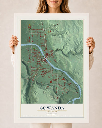 Gowanda, New York map print, 24" x 36" W/ White Ayous Wood Frame mockup