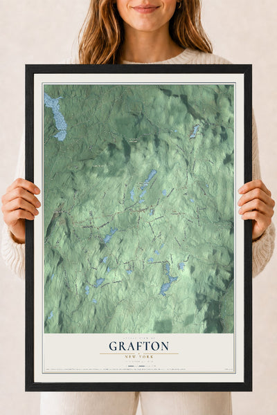 Grafton, New York map print, 18" x 24" W/ Black Ayous Wood Frame mockup
