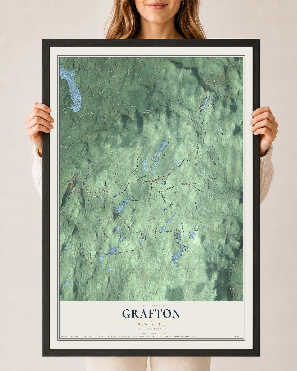 Grafton, New York map print, 24" x 36" W/ Black Ayous Wood Frame mockup