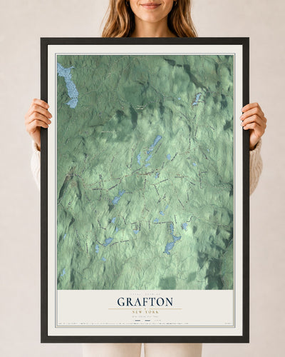 Grafton, New York map print, 24" x 36" W/ Black Ayous Wood Frame mockup