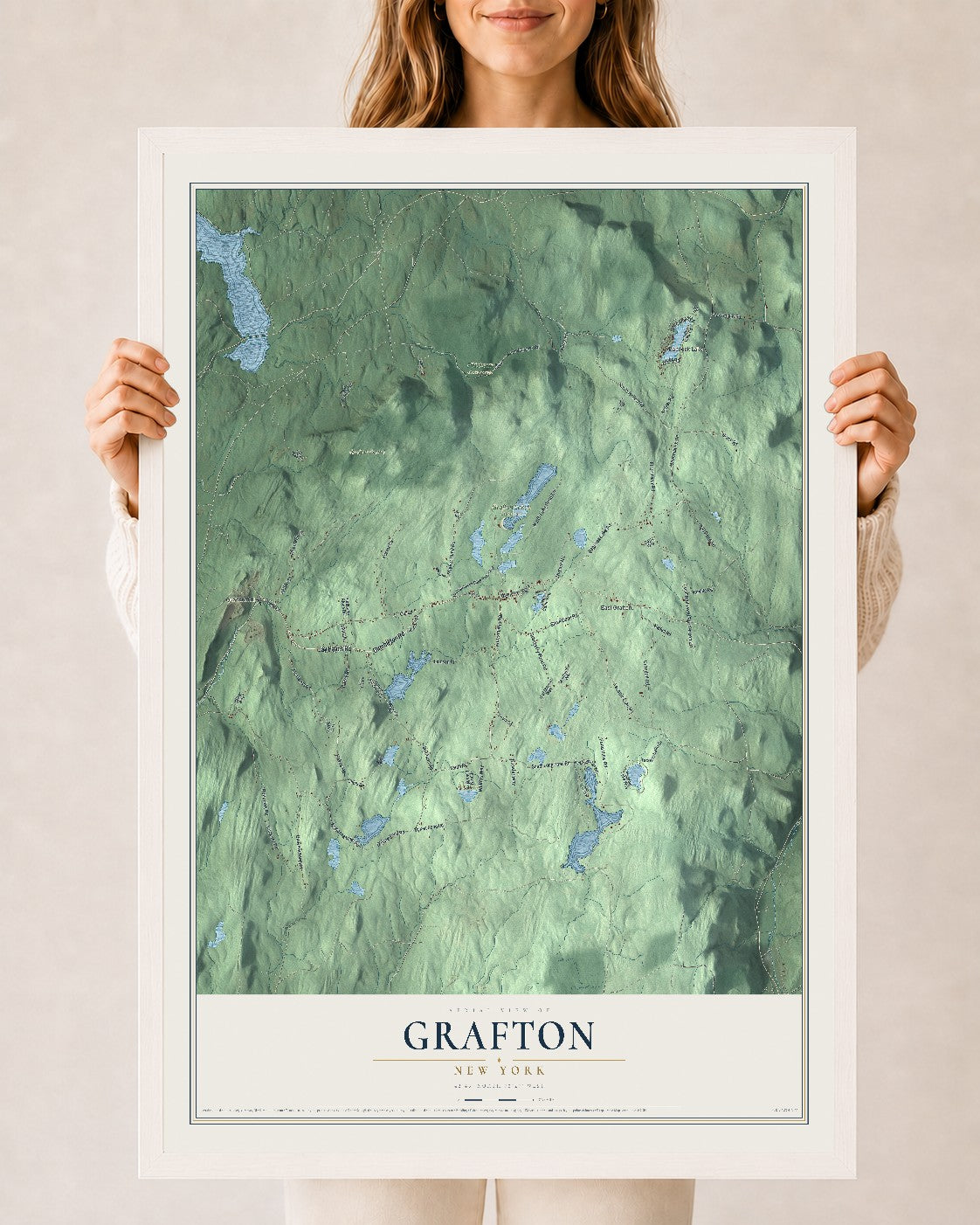 Grafton, New York map print, 24" x 36" W/ White Ayous Wood Frame mockup