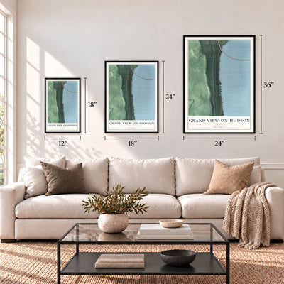 Grand View-on-Hudson, New York map in 12 x 18, 18 x 24 and 24 x 36 inch sizes above a sofa