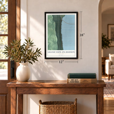 Grand View-on-Hudson, New York map, 12 x 18 inch print in a black frame in an entryway