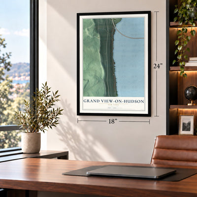 Grand View-on-Hudson, New York map, 18 x 24 inch print in a black frame in a home office