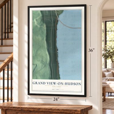 Grand View-on-Hudson, New York map, 24 x 36 inch print in a black frame by a staircase