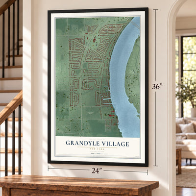 Grandyle Village, New York map, 24 x 36 inch print in a black frame by a staircase