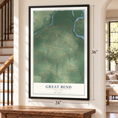 Great Bend, New York map, 24 x 36 inch print in a black frame by a staircase