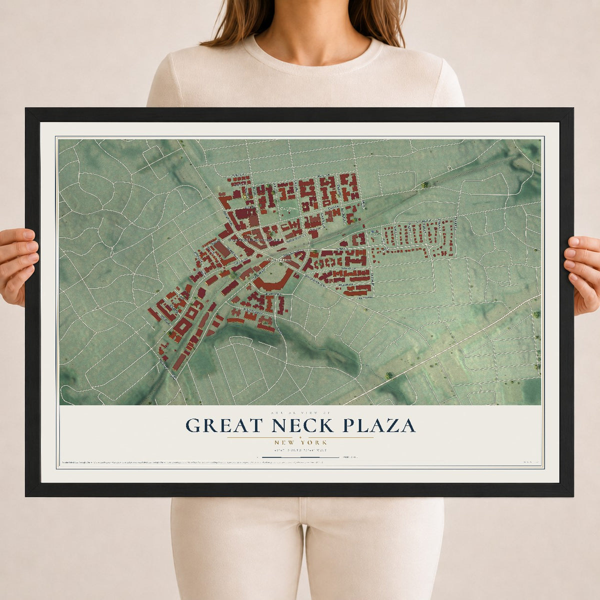 Great Neck Plaza, New York map print, 18" x 24" W/ Black Ayous Wood Frame mockup