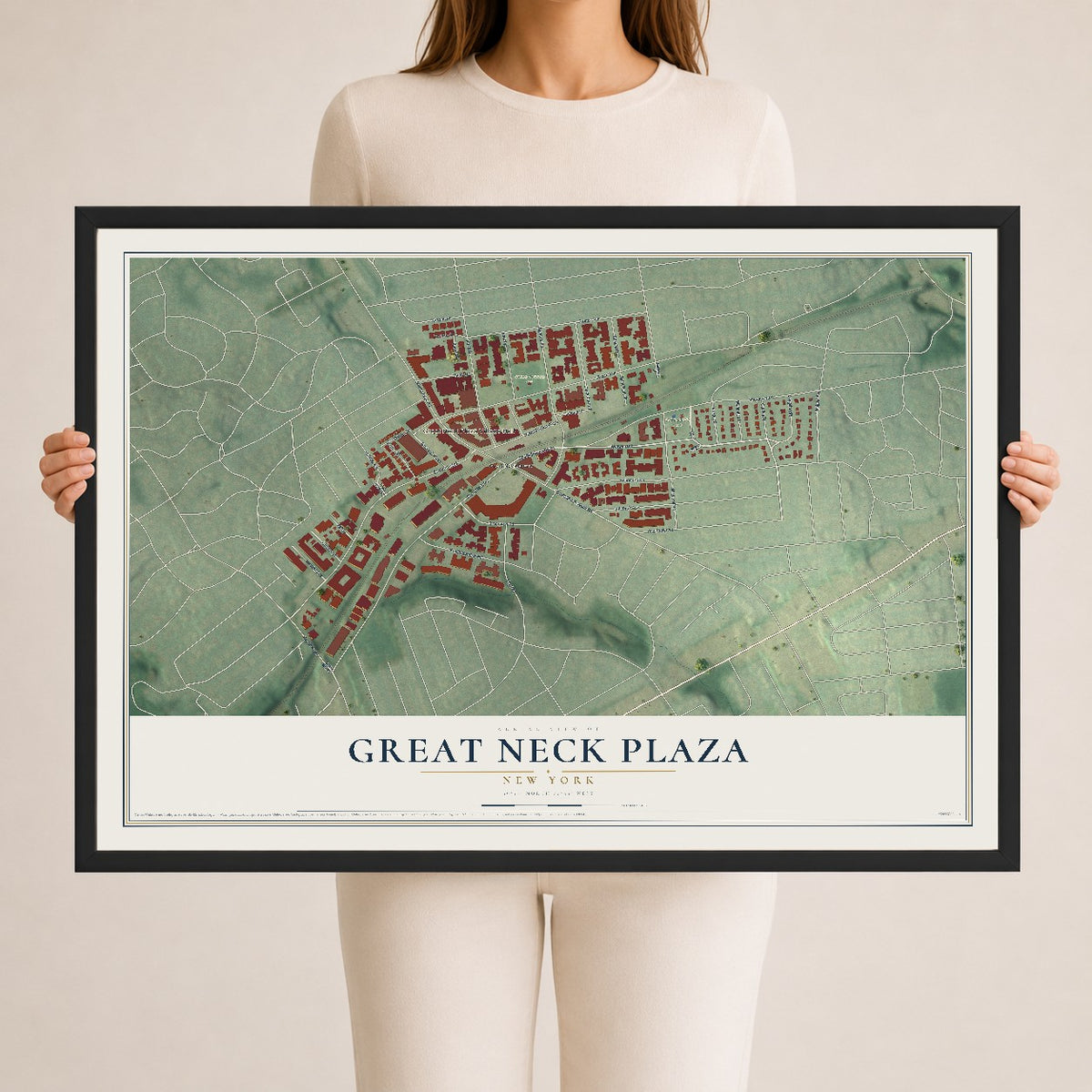 Great Neck Plaza, New York map print, 24" x 36" W/ Black Ayous Wood Frame mockup